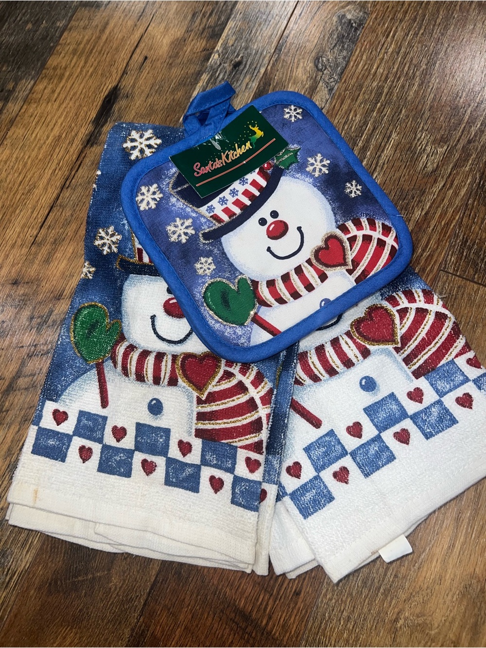 Vintage 90s Blue Snowman Holiday Kitchen Towel and Pot Holder Set